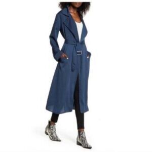 Band Of Gypsies Dressy Trench Bonjour Blue New Belted Pockets Cuffed Size Large